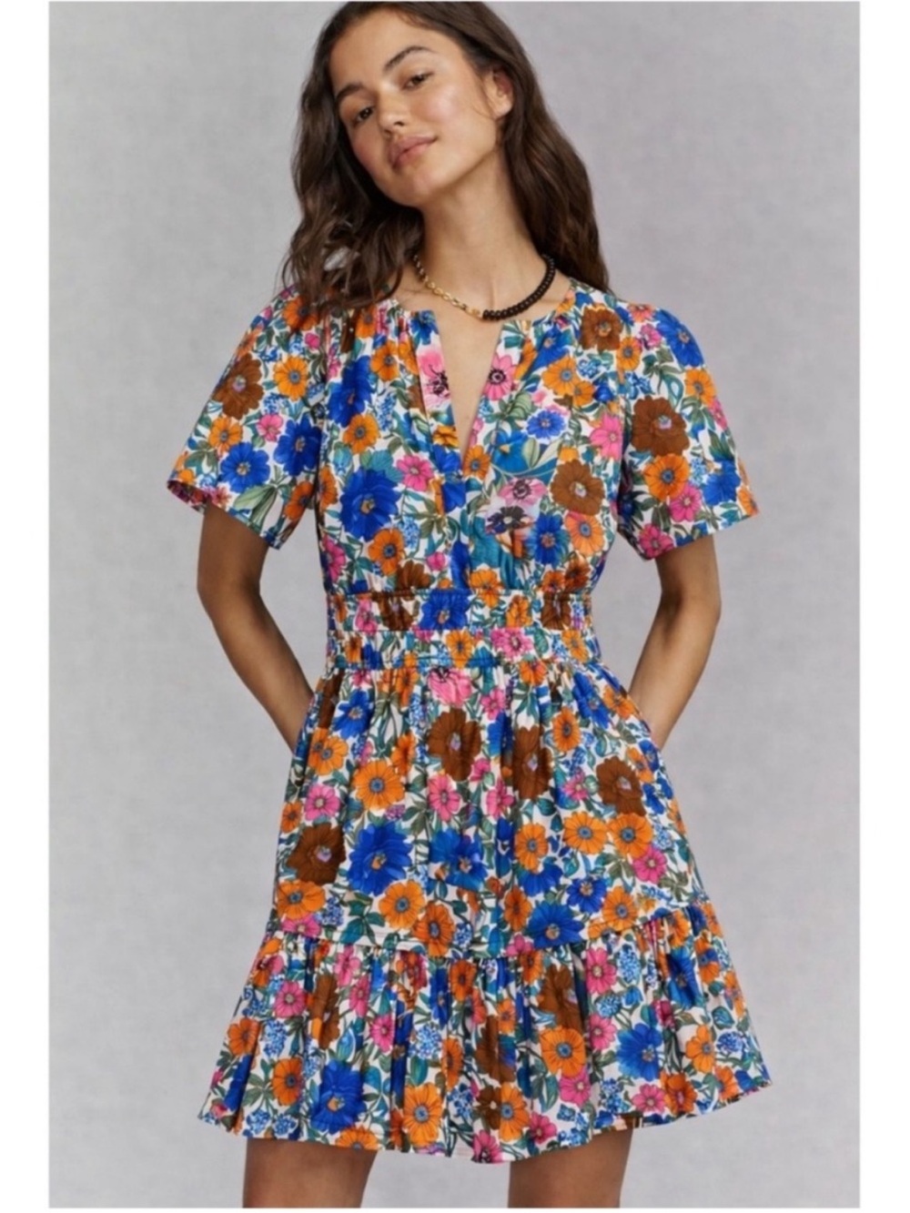 Anthropologie Somerset Mini Dress size small tiered boho v neck blue multi sizeS